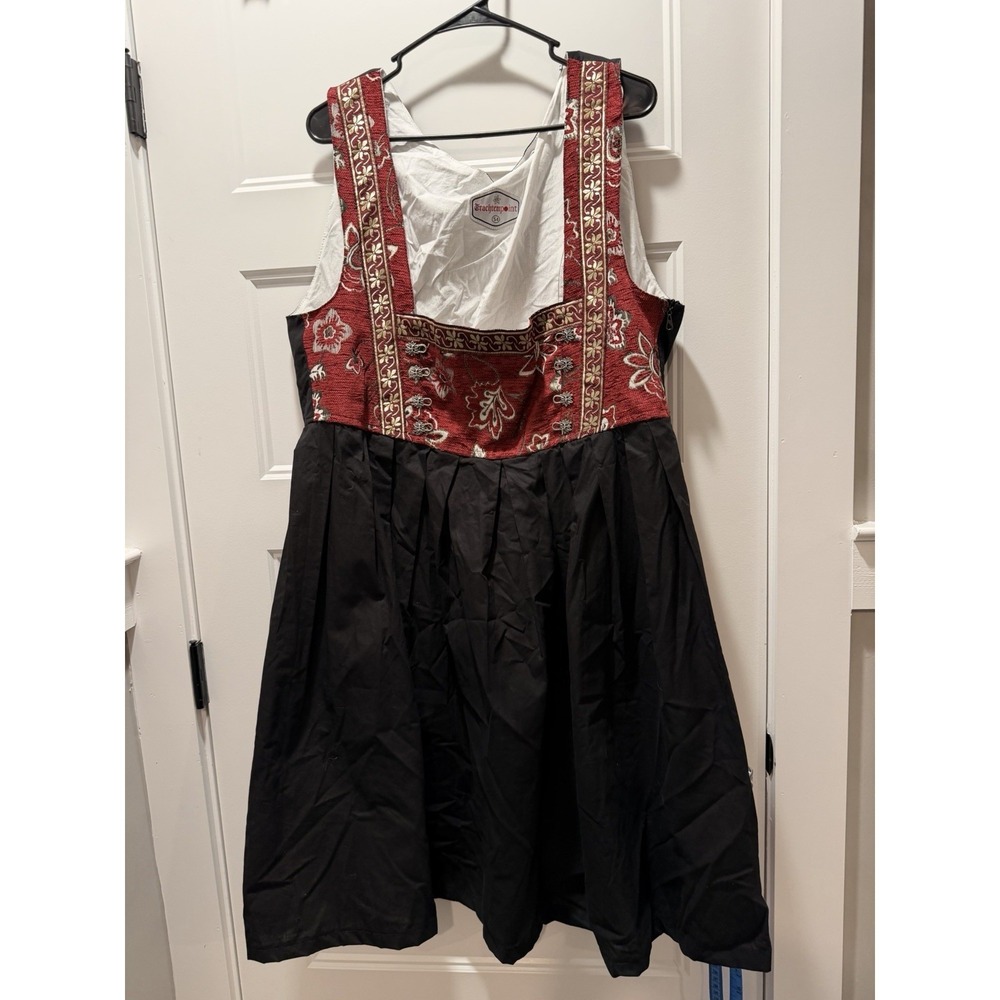 Trachtenpoint German Dirndl Dress Red Embroidered Bodice Black Skirt Size 54